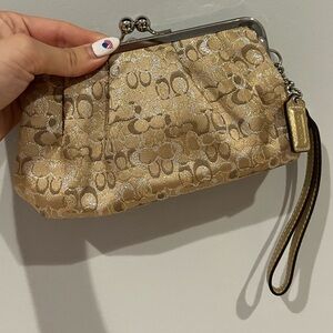 NWOT COACH tan with gold and silver C’s kiss lick wristlet